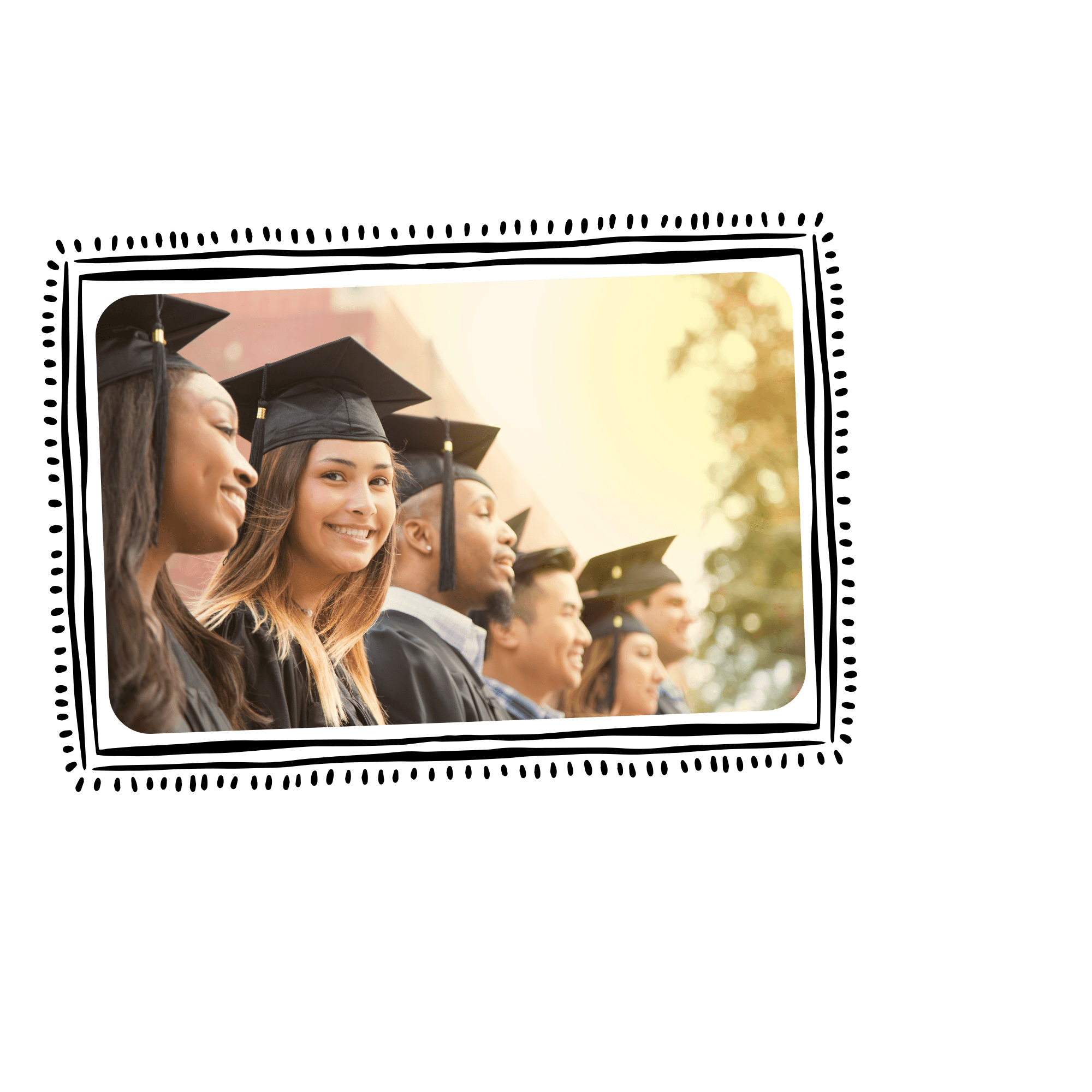 Graduates in caps and gowns, smiling